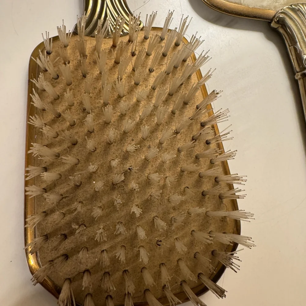 Vintage Hand Mirror & Brush Vanity Set, Art Deco Noveau Pearlescent Floral